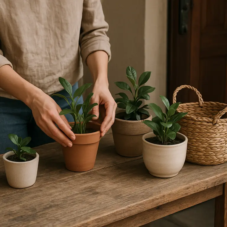 Pessoa organizando vasos de cerâmica com plantas naturais sobre mesa de madeira rústica na entrada de uma casa