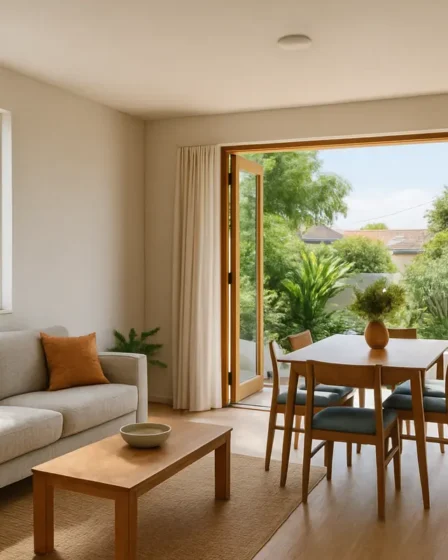 ventilacao cruzada casa moderna Interior moderno de casa com janelas e portas abertas em paredes opostas promovendo ventilacao cruzada entre sala e jantar