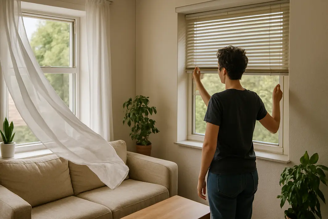 Sala de estar com janelas opostas abertas mostrando uma pessoa ajustando persiana e cortina esvoaçante pelo vento