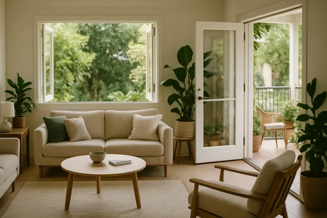 Sala de estar ampla integrada à varanda com janelas e portas abertas em lados opostos proporcionando ventilação cruzada natural