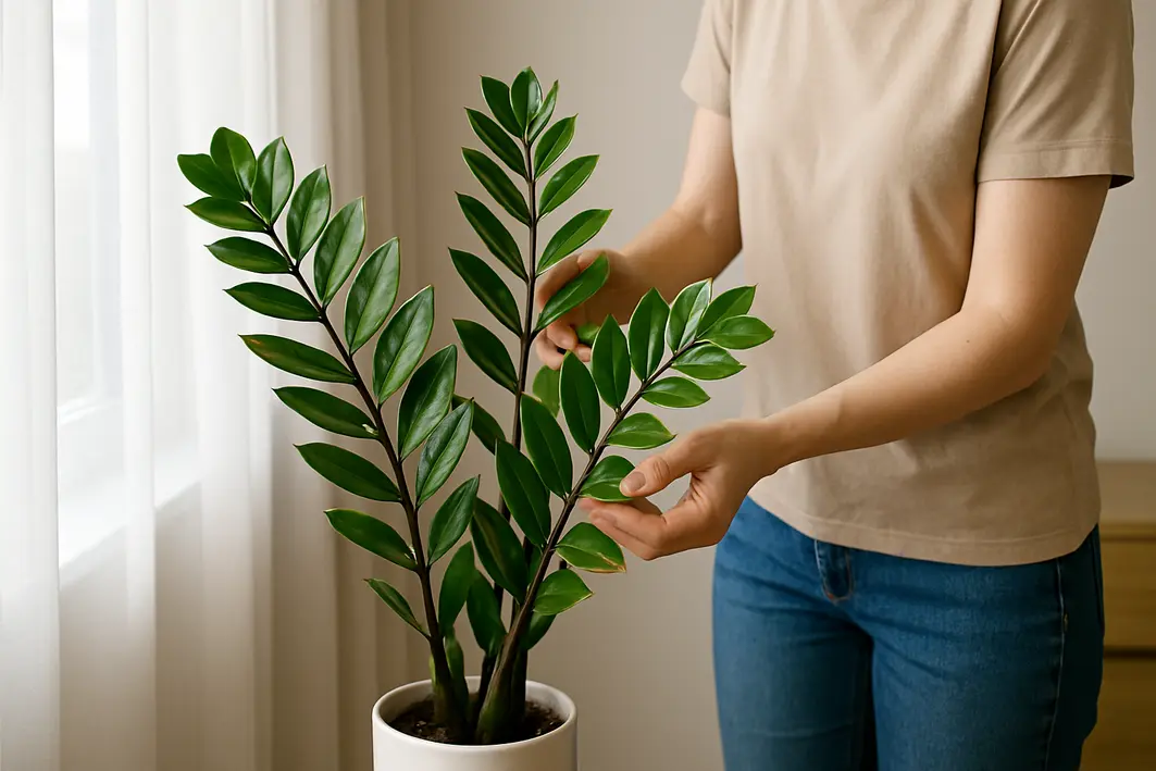 zamioculca ajuste luz indireta Pessoa ajustando Zamioculca perto de janela com cortinas translúcidas em ambiente interno residencial