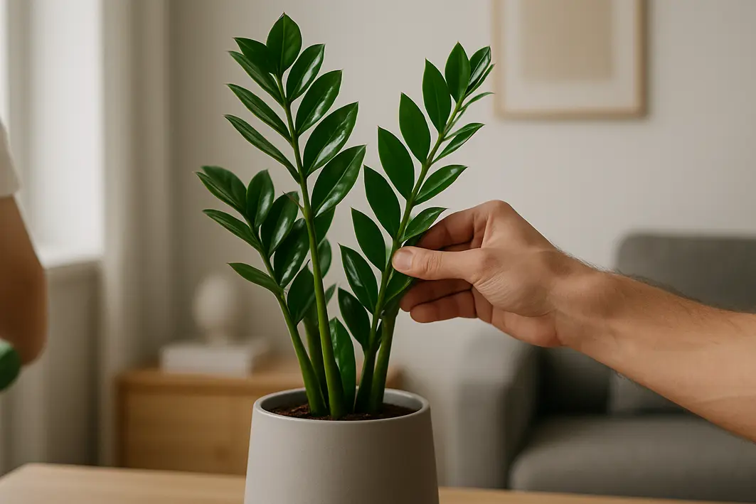 Mão adulta ajustando zamioculca com folhas largas e brilhantes em vaso de cerâmica fosca em sala moderna