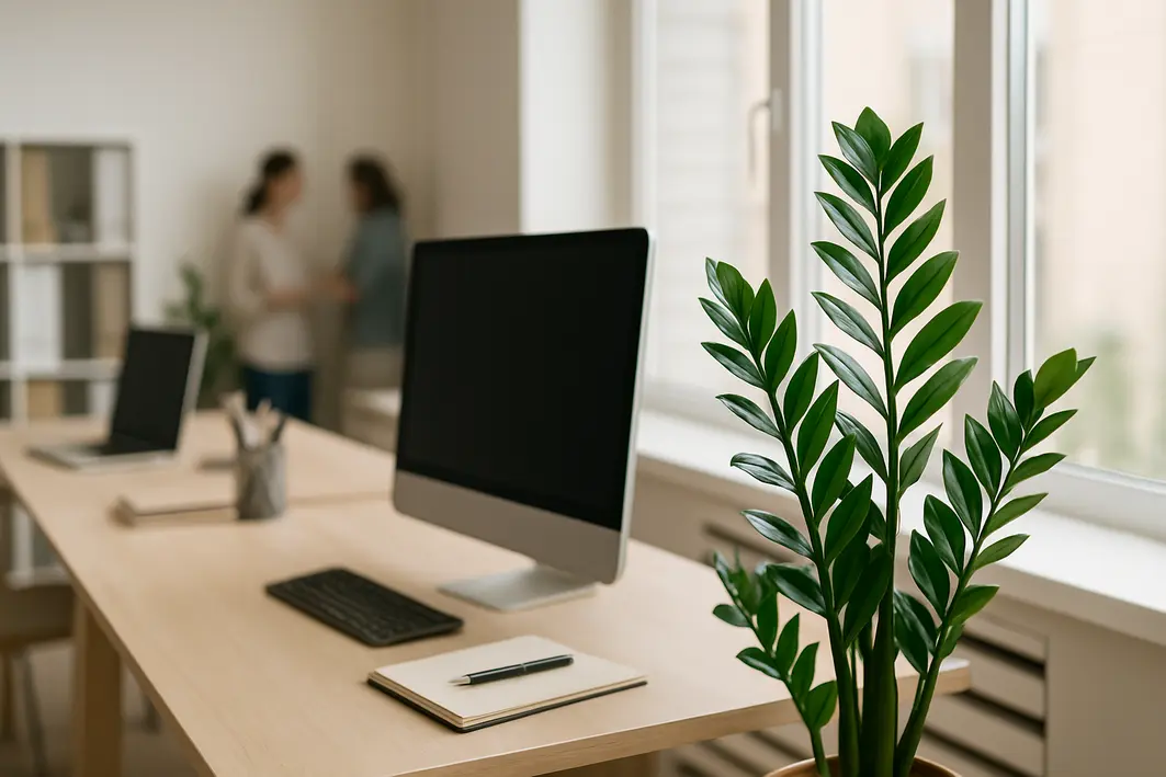 Escritorio moderno com zamioculca verde posicionada junto a janela com luz indireta e mobiliario claro