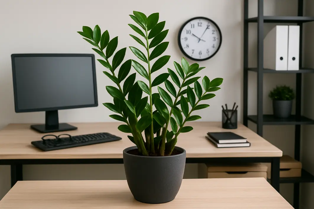 Vaso de zamioculca com folhas verdes firmes sobre mesa de escritório de madeira clara ao lado de monitor e materiais organizados com mãos masculinas ajustando a planta