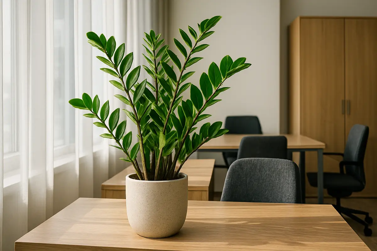 zamioculca escritorio vaso ceramica Planta zamioculca saudável em vaso de cerâmica próximo à janela com cortina translúcida em escritório moderno