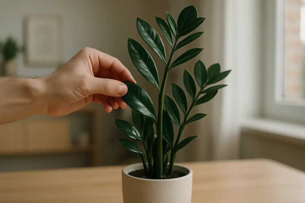 zamioculca folha verde vaso madeira Mão adulta ajustando folha verde escura brilhante de zamioculca em vaso sobre mesa de madeira clara