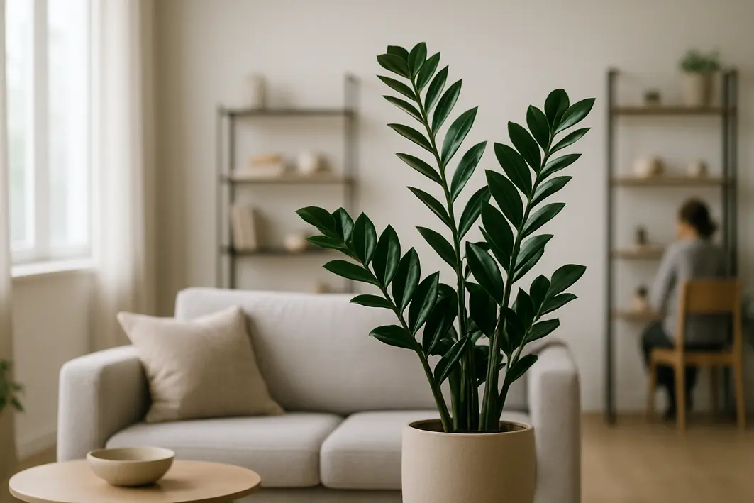 zamioculca planta sala estar moderna Planta zamioculca com folhas verdes brilhantes em vaso elegante na sala de estar moderna e minimalista