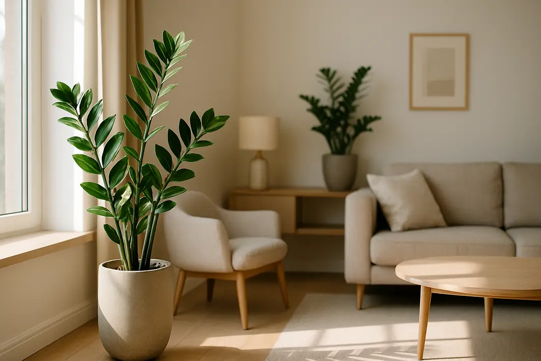 Sala de estar ampla com zamioculca em vaso moderno perto de janela e outra em canto sombreado