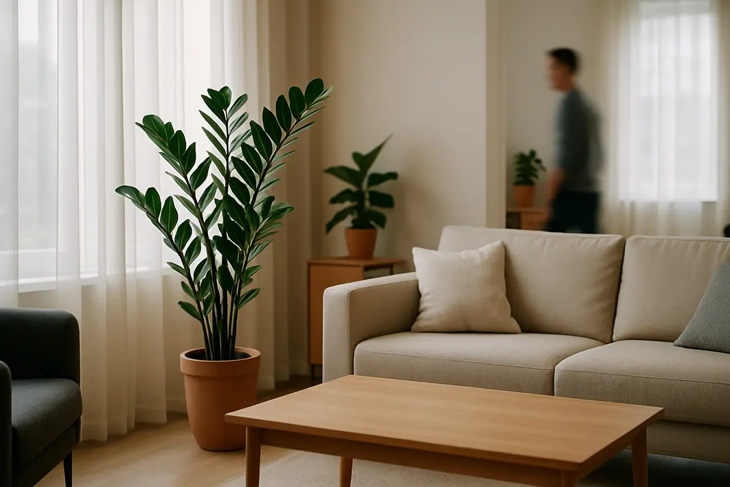 zamioculca sala estar moderna iluminada Sala de estar moderna com zamioculca saudável em canto próximo a janela com cortinas translúcidas