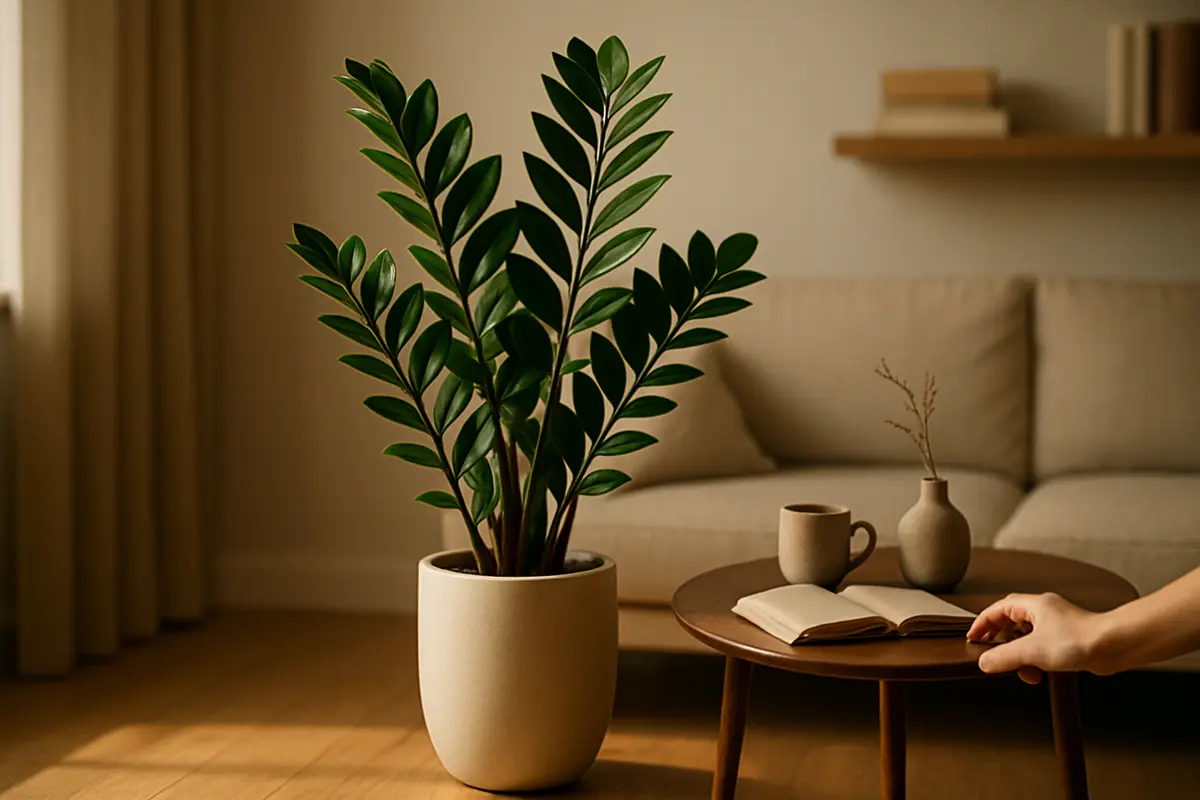 zamioculca sala estar moderna Zamioculca em vaso ceramico fosco sobre piso madeira clara ao lado de mesa lateral com livro aberto, xicara e vaso pequeno em sala de estar moderna