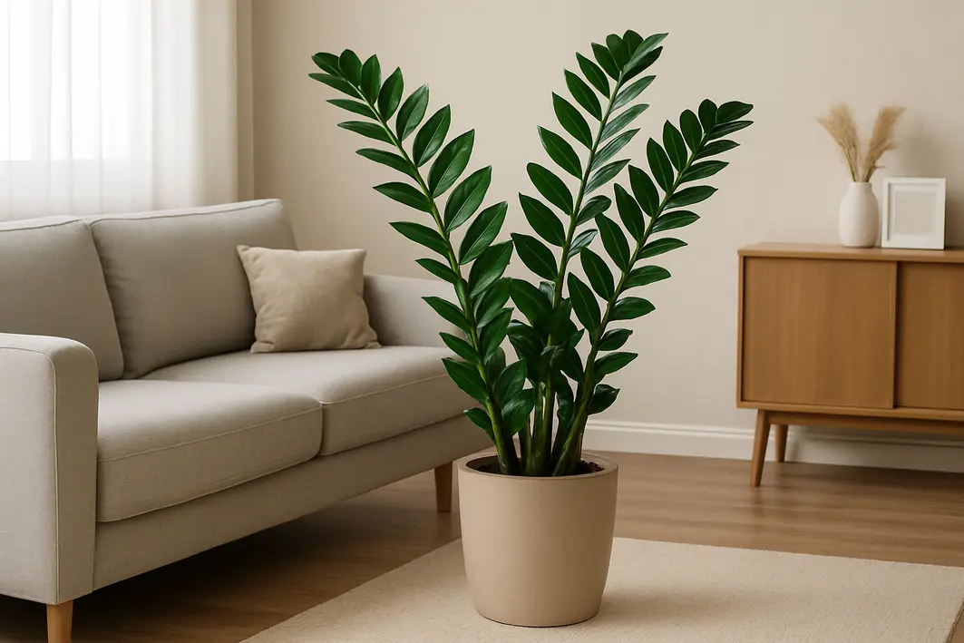 Mãos posicionando planta zamioculca em vaso moderno perto de janela em sala de estar minimalista
