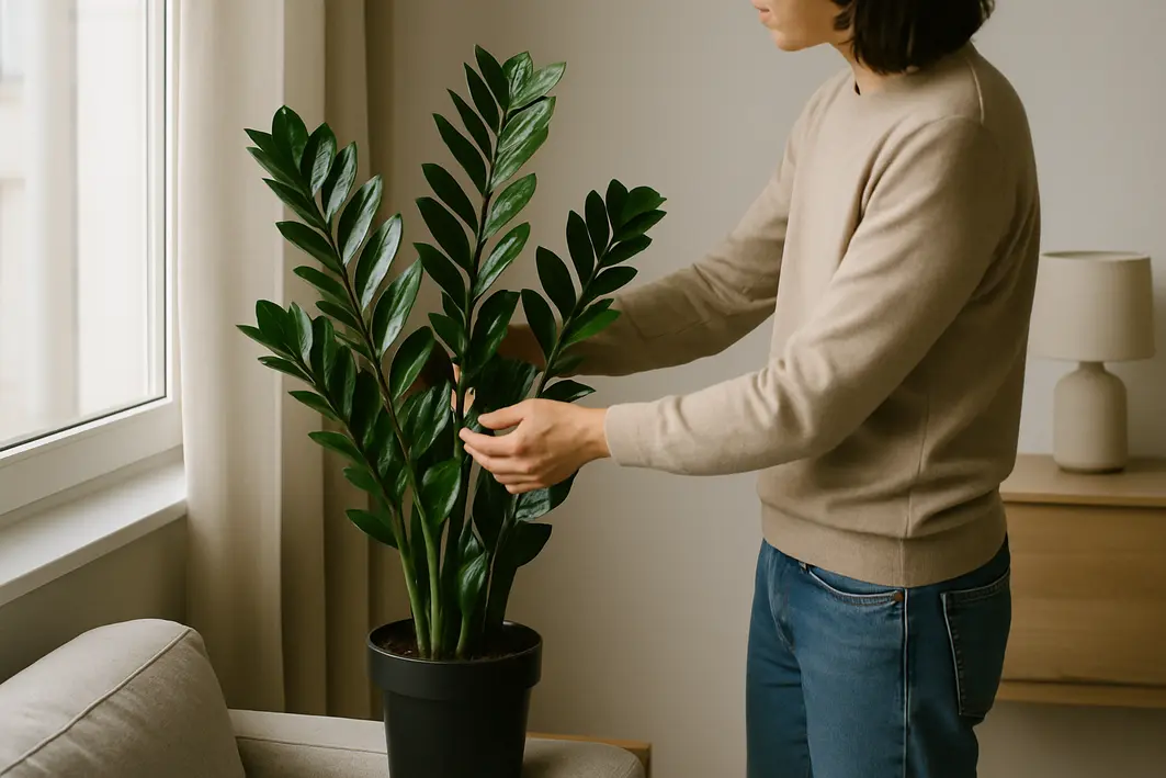 Pessoa ajustando uma zamioculca em canto de sala perto de janela ampla