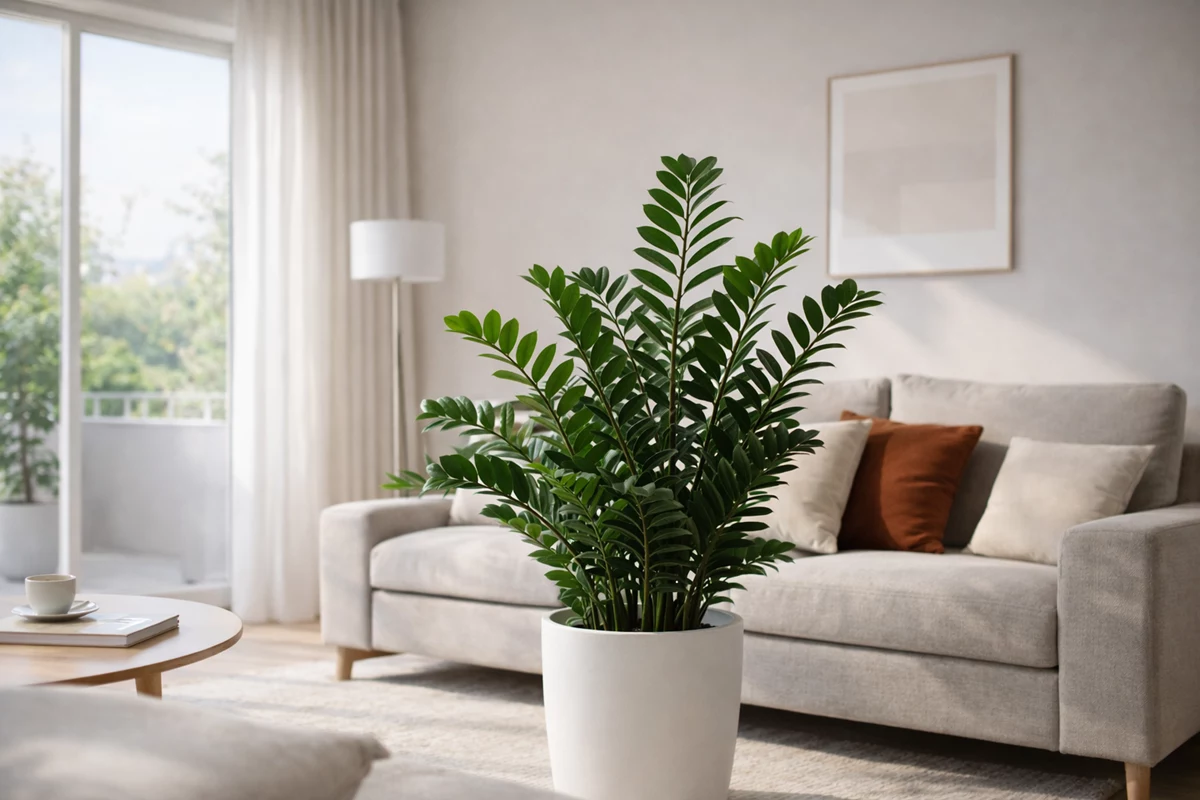 zamioculca sala moderna 2026 Zamioculca em vaso moderno decorando sala contemporânea iluminada