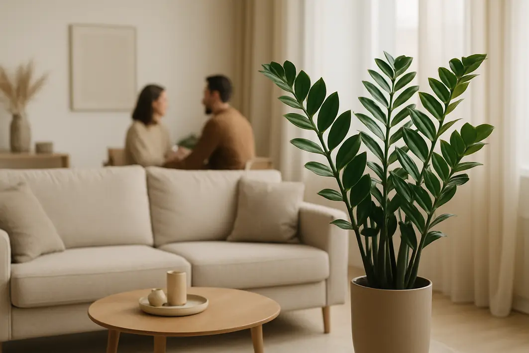 Zamioculca saudável em vaso elegante no canto de sala de estar contemporânea com móveis neutros
