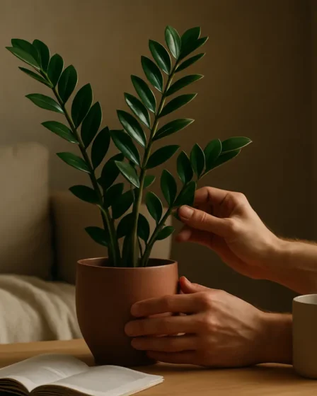 zamioculca sala planta vaso ceramico Zamioculca verde em vaso cerâmico areia sobre console de madeira clara na sala com mãos ajustando planta