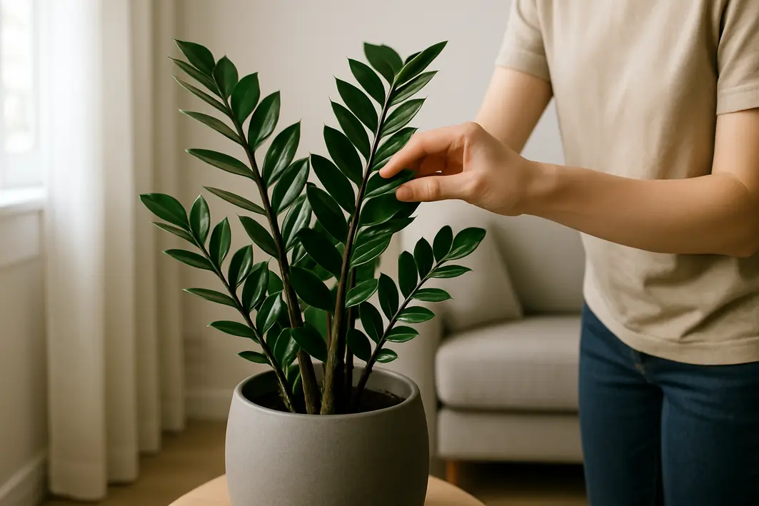 Mão ajustando uma zamioculca em vaso de cerâmica fosca cinza em sala de estar moderna