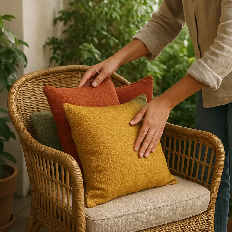 Pessoa ajustando almofadas coloridas em cadeira de vime na varanda com plantas ao redor