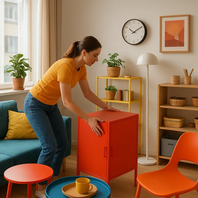 Pessoa rearranjando móveis coloridos vibrantes em apartamento pequeno multifuncional com luz natural