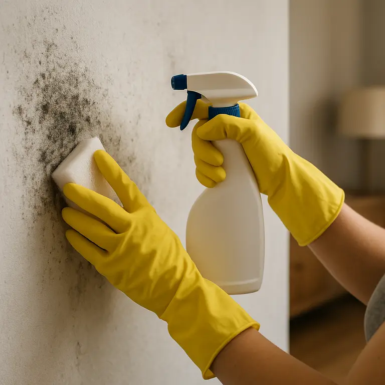 Pessoa usando luvas de borracha aplicando produto de limpeza em parede com manchas de mofo