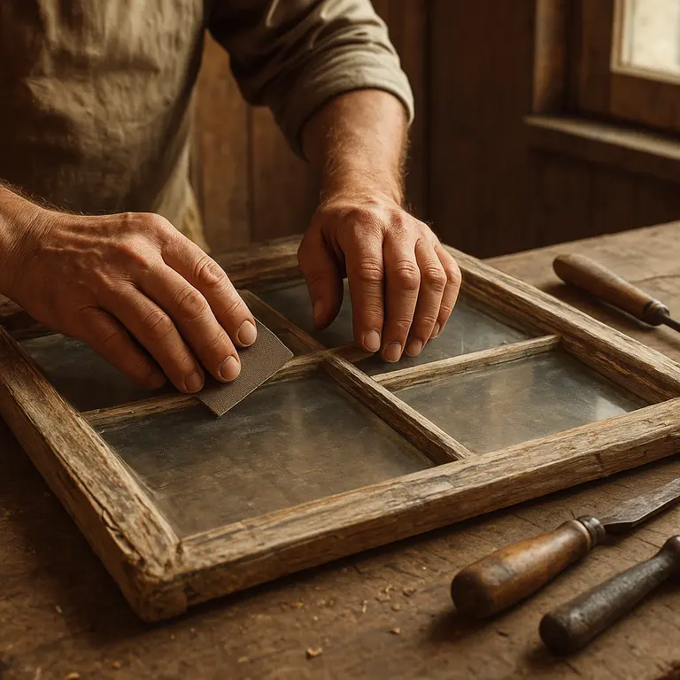 Artesão com mãos calejadas lixando moldura de janela de madeira antiga