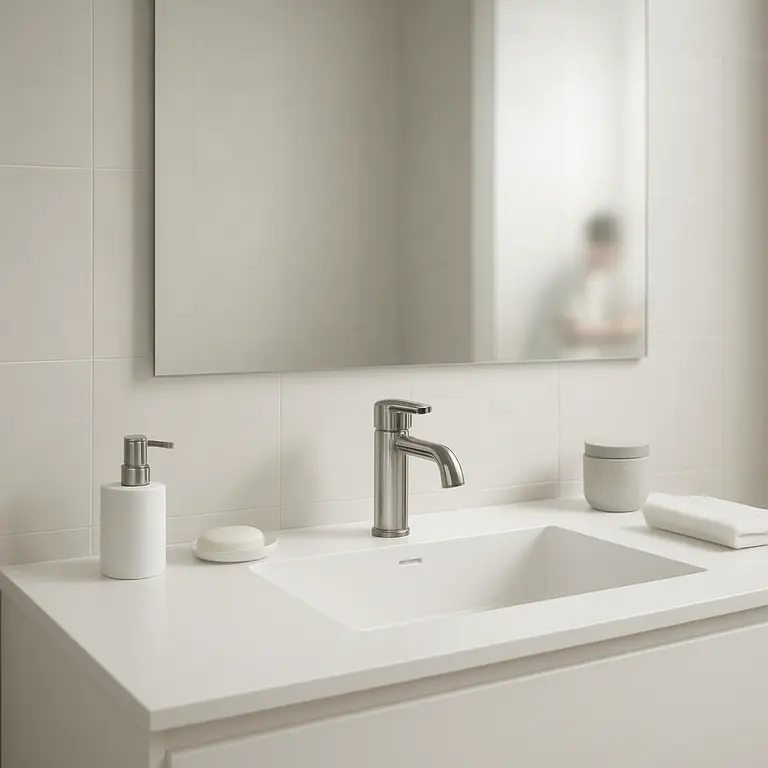 Banheiro pequeno elegante com bancada branca, cuba embutida, espelho grande sem moldura refletindo luz natural