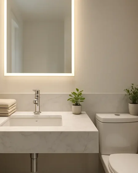 banheiro elegante pequeno moderno Banheiro pequeno elegante com pia de marmore branco, torneira cromada e espelho retangular iluminado