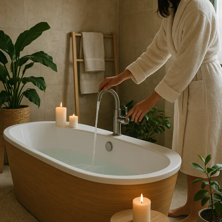 Banheiro moderno estilo spa com banheira branca de acabamento em madeira clara, pessoa ajustando torneira, velas acesas e plantas verdes ao redor