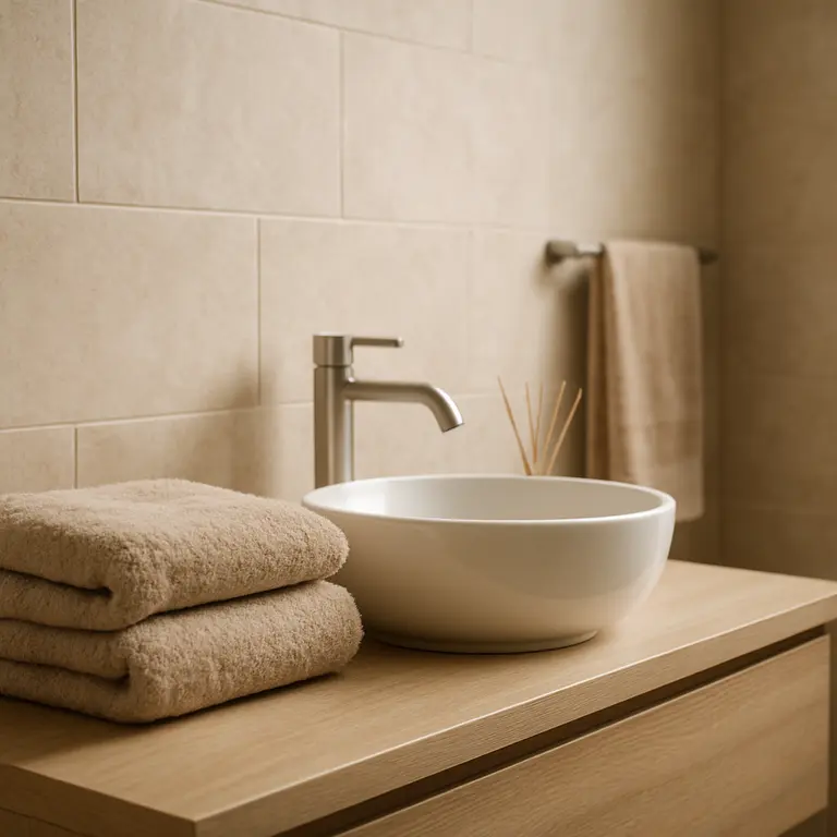 Banheiro estilo spa com azulejos em tons neutros, toalhas felpudas dobradas e difusor de aromas sobre bancada elegante