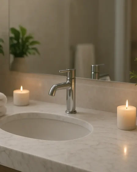 banheiro estilo spa moderno marmore branco Banheiro estilo spa com bancada de mármore branco, pia esculpida, torneira cromada, toalhas brancas, velas aromáticas e plantas verdes