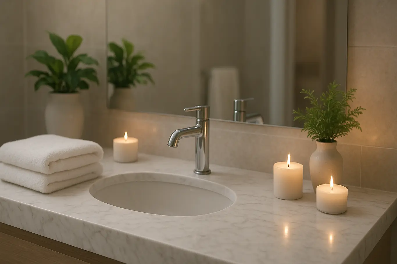 banheiro estilo spa moderno marmore branco Banheiro estilo spa com bancada de mármore branco, pia esculpida, torneira cromada, toalhas brancas, velas aromáticas e plantas verdes