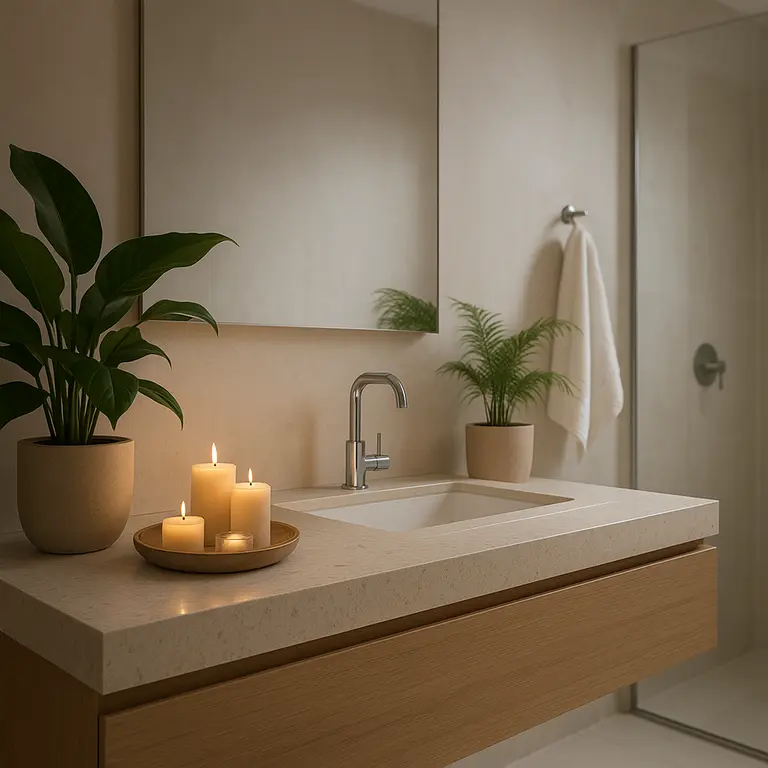 Banheiro decorado com elementos de spa e iluminação suave