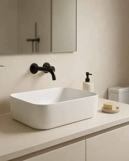 banheiro minimalista elegante bancada cuba Banheiro minimalista elegante com bancada clara e cuba moderna