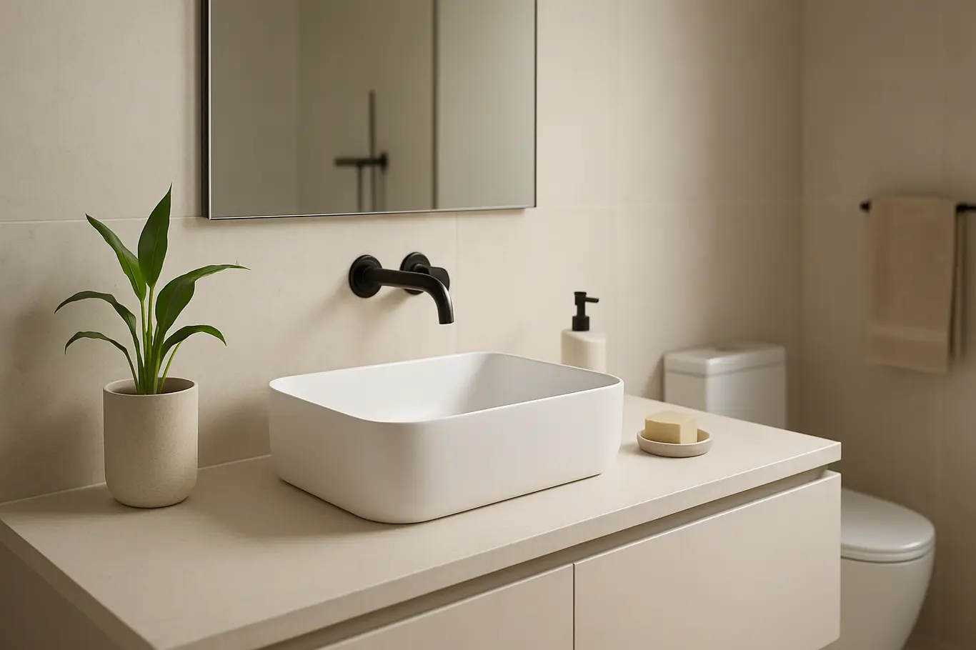 banheiro minimalista elegante bancada cuba Banheiro minimalista elegante com bancada clara e cuba moderna