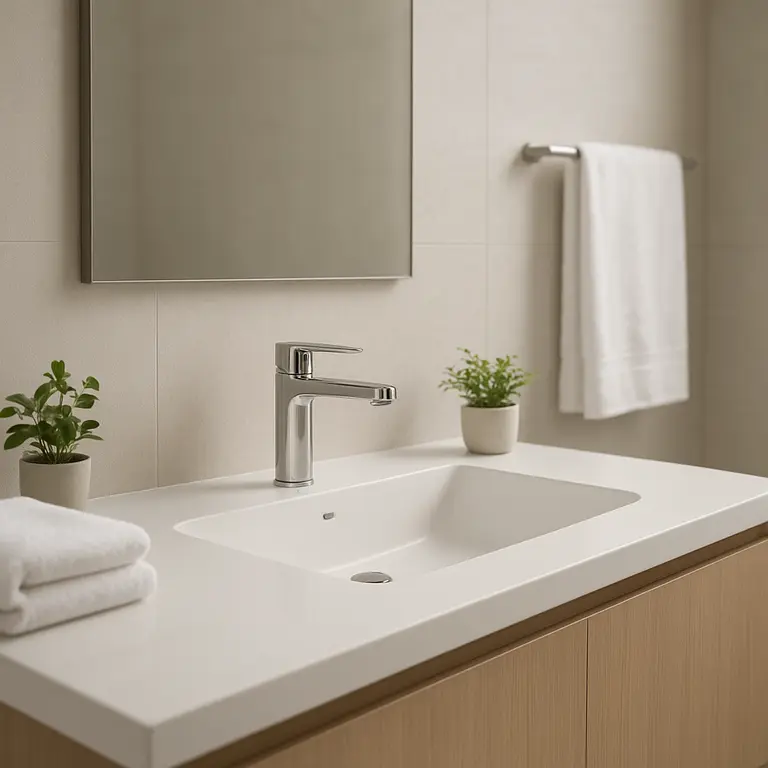 Banheiro minimalista com bancada branca e espelho grande