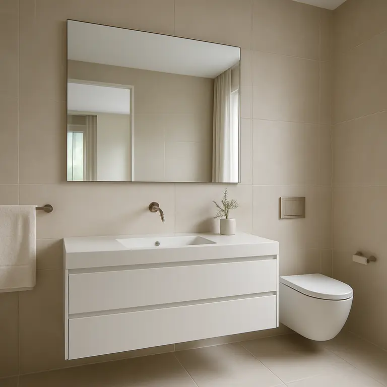 Banheiro minimalista elegante com móveis embutidos, superfícies claras e metais discretos em ambiente organizado e iluminado naturalmente