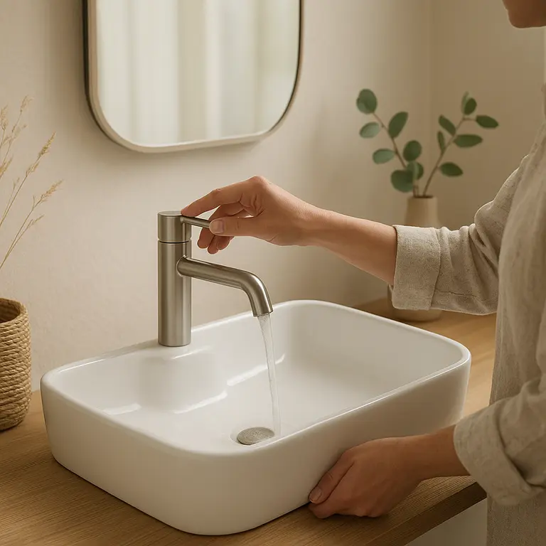Mulher ajustando torneira de metal em cuba de porcelana branca com bancada de madeira clara e espelho grande