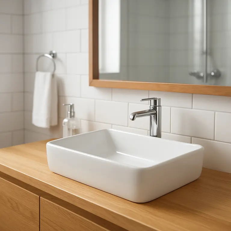 Banheiro moderno com bancada de madeira clara, pia branca sobreposta, espelho grande com moldura de madeira e azulejos brancos