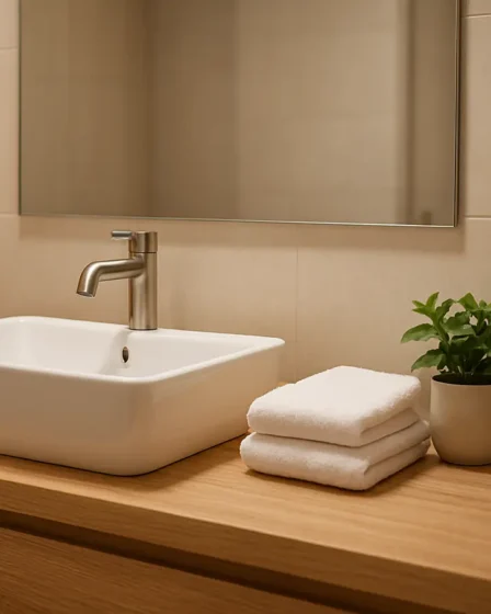 banheiro moderno madeira clara bancada Banheiro moderno com bancada em madeira clara, pia branca e torneira metal escovado