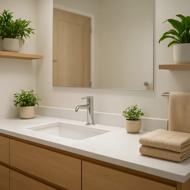 Banheiro moderno com detalhes em madeira e decoração aconchegante