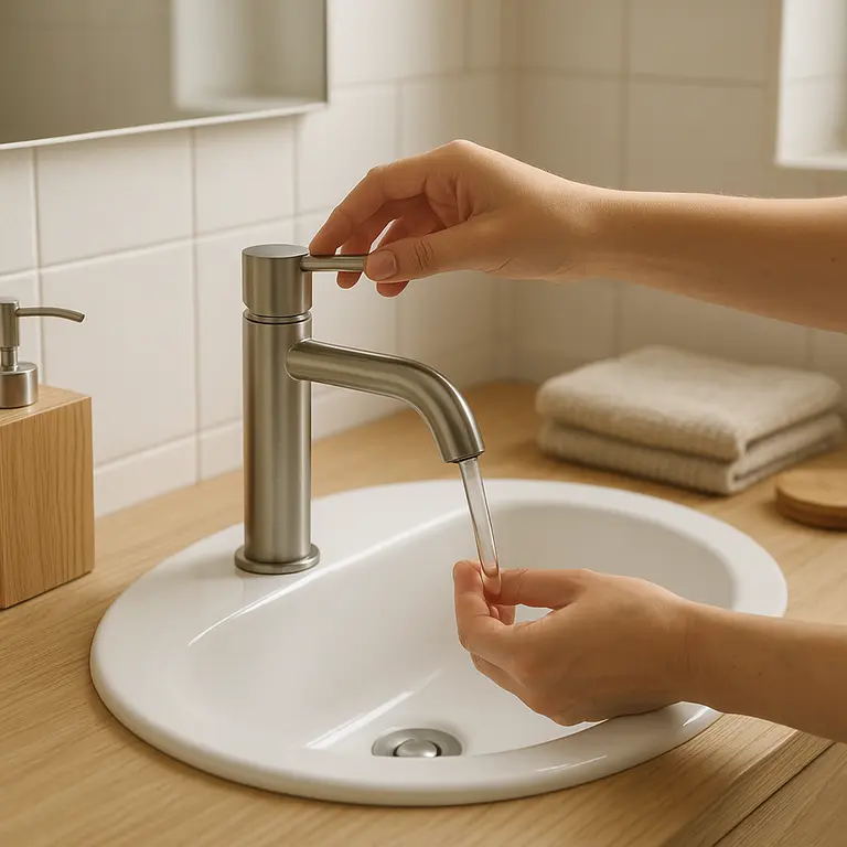 Mãos femininas ajustando torneira de metal fosco em pia de madeira clara em banheiro moderno