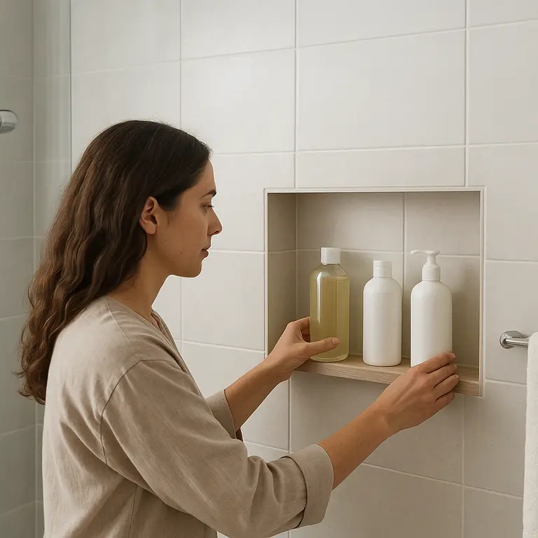 Banheiro moderno com nicho embutido no box e pessoa organizando frascos