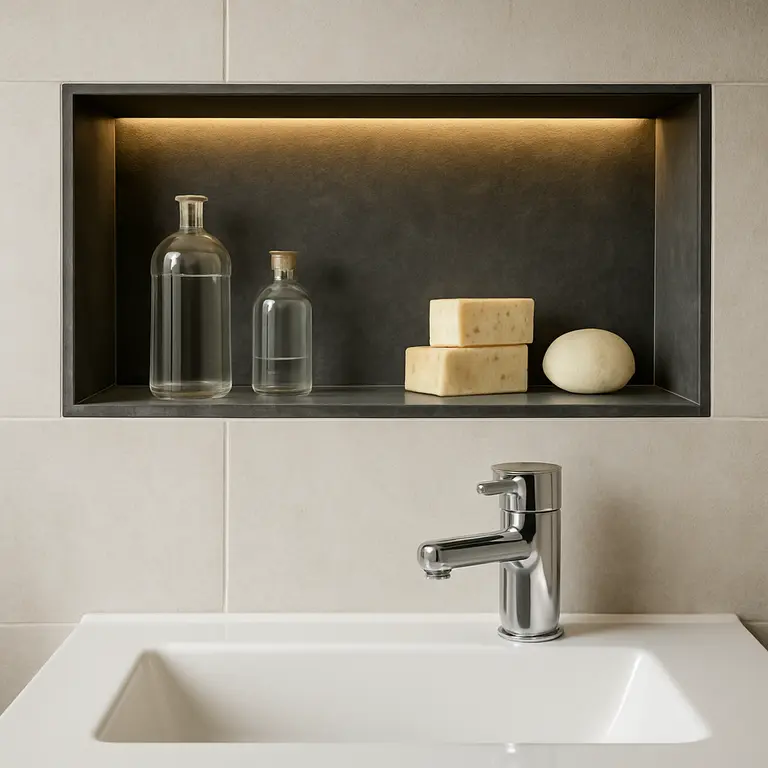 Banheiro moderno com nicho embutido na parede e iluminação indireta