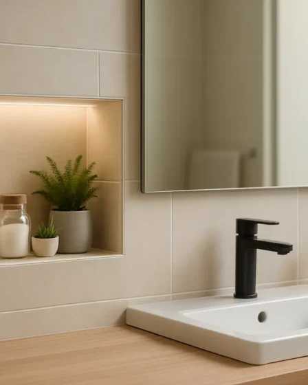 banheiro nicho embutido organizacao decoracao Banheiro moderno com nicho embutido em parede de azulejos claros contendo frascos de vidro, sabonetes e plantas pequenas