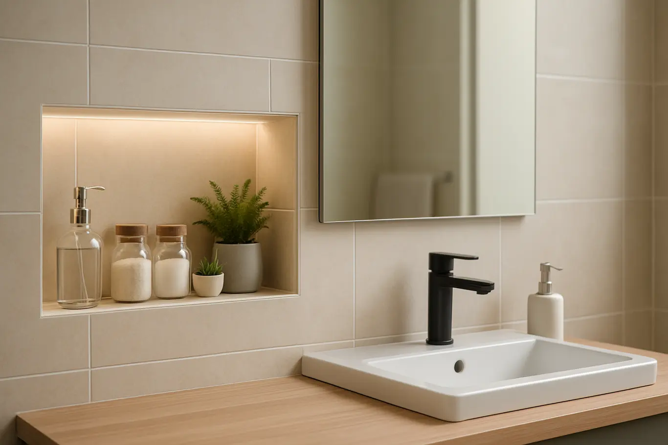 banheiro nicho embutido organizacao decoracao Banheiro moderno com nicho embutido em parede de azulejos claros contendo frascos de vidro, sabonetes e plantas pequenas