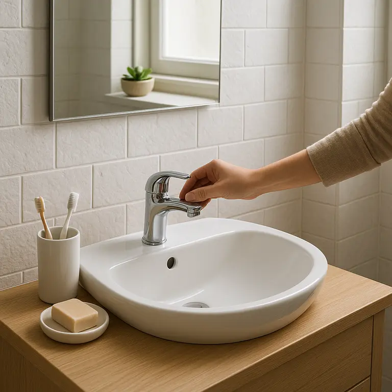 Interior de banheiro pequeno com revestimento em azulejos brancos texturizados e bancada compacta em madeira clara com pia branca e torneira cromada sendo ajustada por uma mão