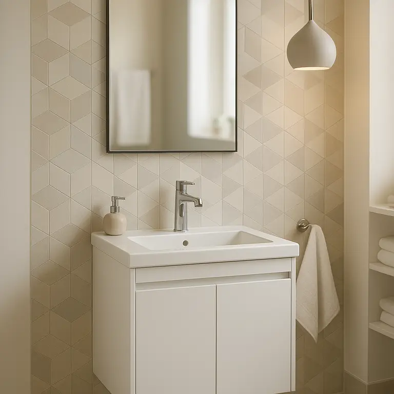 Banheiro pequeno decorado com bancada branca minimalista, azulejos geométricos claros, espelho retangular e luminária pendente