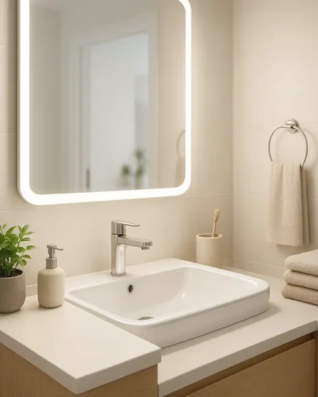 banheiro pequeno decorado com plantas Banheiro pequeno decorado com bancada compacta, plantas verdes e espelho iluminado