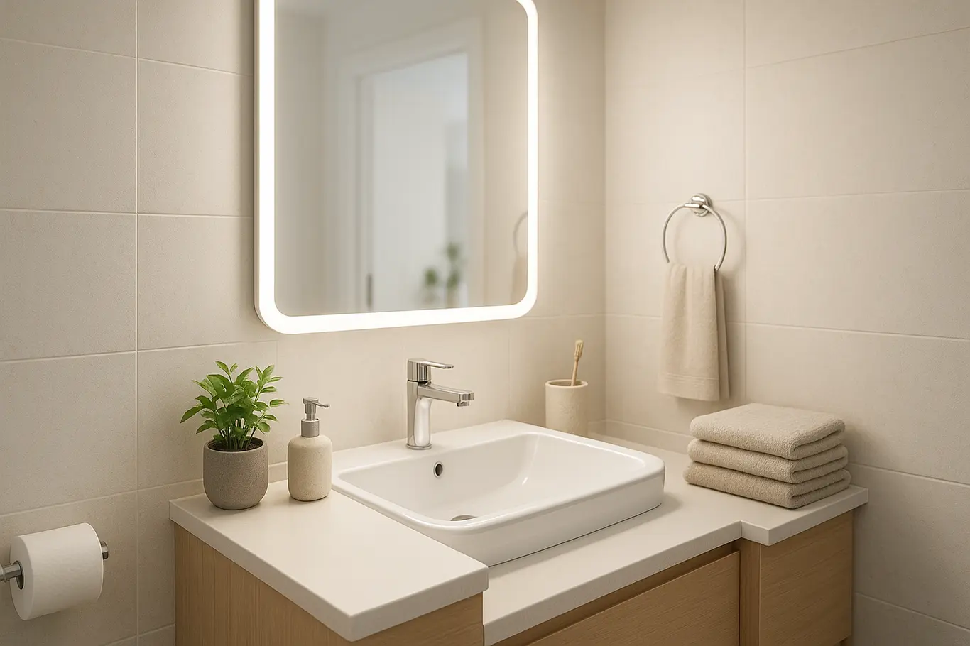 banheiro pequeno decorado com plantas Banheiro pequeno decorado com bancada compacta, plantas verdes e espelho iluminado