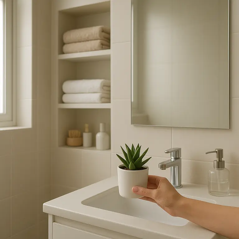 Banheiro pequeno decorado com prateleiras embutidas, toalhas, acessórios, planta sobre bancada clara com espelho retangular