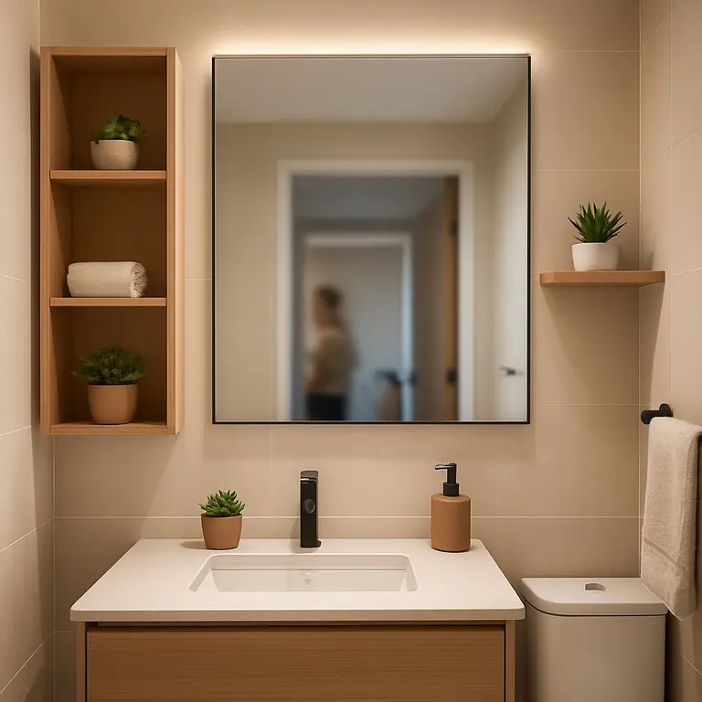 Banheiro pequeno decorado com bancada branca e iluminação moderna